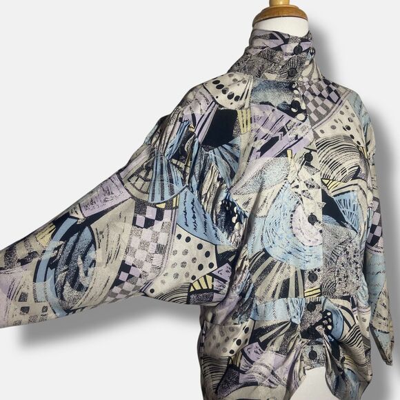 C&A Vintage Button Up Shirt Size M 38 High Neck Dolman Sleeve Abstract Pattern - Picture 2 of 9